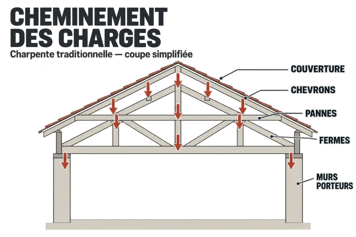 Schéma explicatif d'une charpente traditionnelle avec fermes, pannes et chevrons