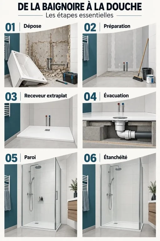 Étapes pour transformer une baignoire en douche avec receveur extraplat