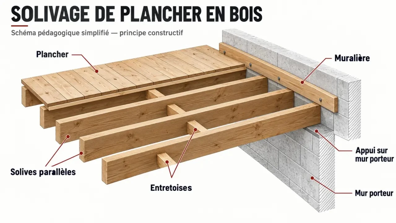 Schéma pédagogique d’un solivage avec solives, entretoises, muralière et plancher bois