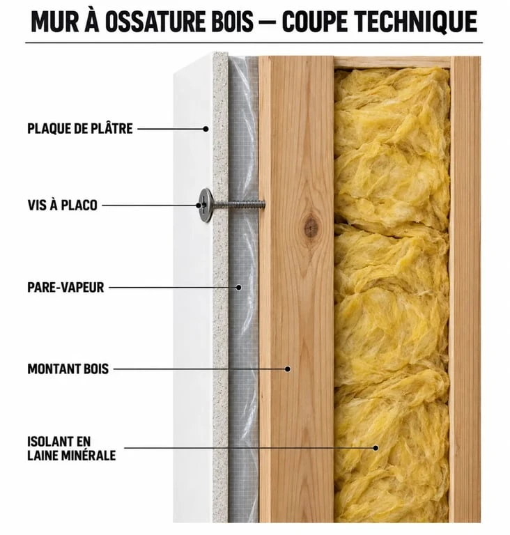 Schéma de pose de placoplatre sur ossature bois avec pare-vapeur et isolant