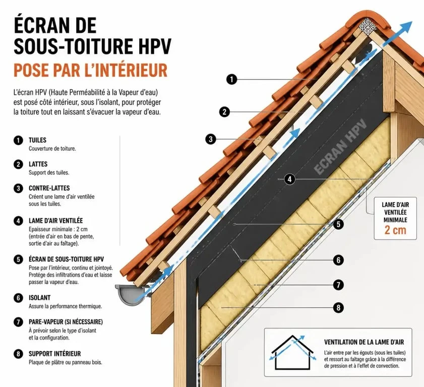 Schéma technique de pose d'un écran de sous-toiture par l'intérieur avec lame d'air