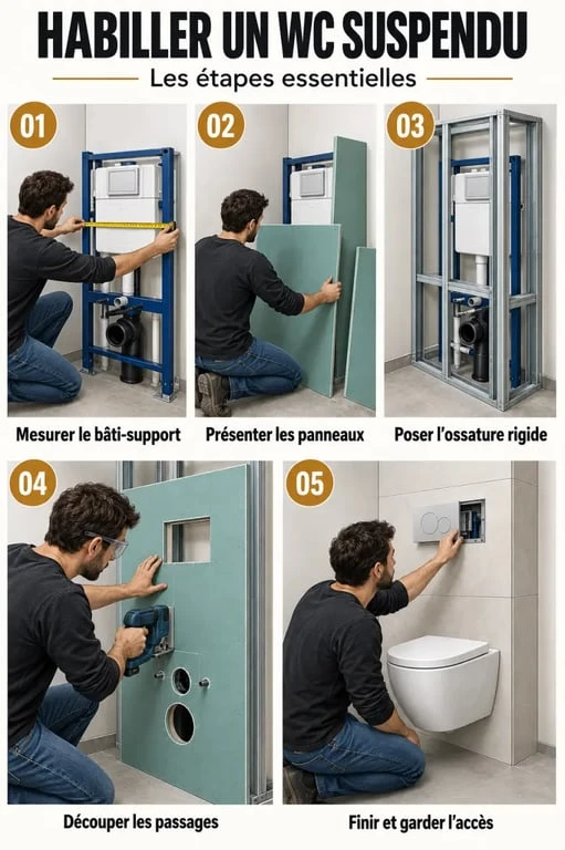 Étapes pour habiller un WC suspendu avec ossature, découpes et finition