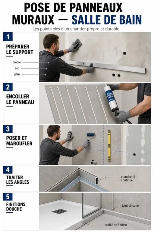 Pose et étanchéité d’un revetement mural pour salle de bain avec joints, profilés et angles