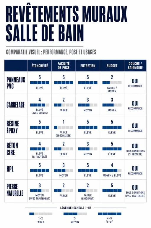 Comparatif de revetement mural pour salle de bain selon l’étanchéité, la pose, l’entretien et le budget