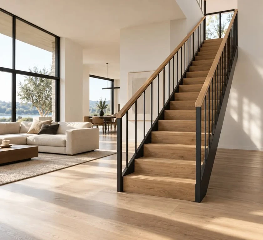 Escalier sur mesure en bois avec garde-corps bois et métal dans un intérieur contemporain