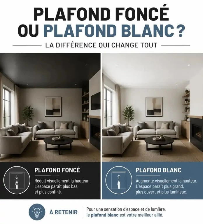 Effet de la couleur du plafond pour agrandir une pièce : comparaison entre plafond sombre et plafond blanc