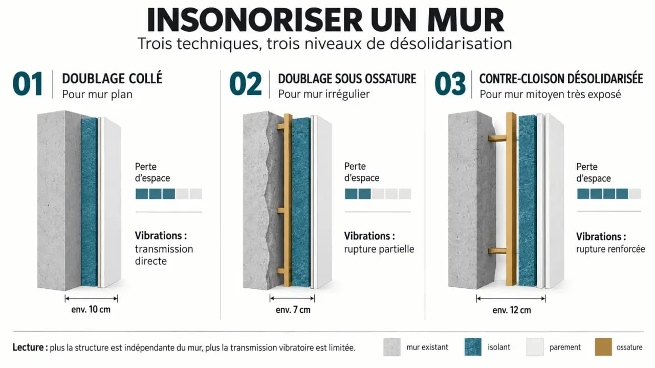 Infographie des techniques d’insonorisation murale avec doublage collé, ossature et contre-cloison désolidarisée