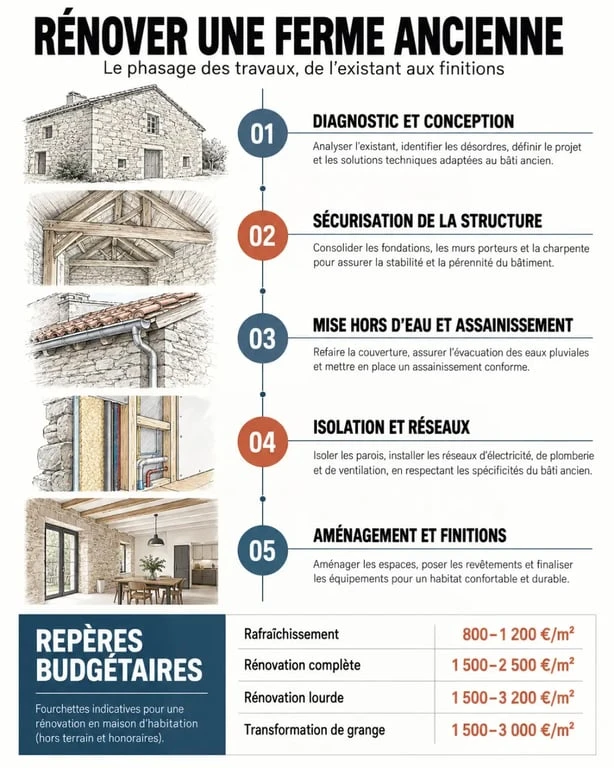 Infographie sur le budget et les étapes d’une rénovation de ferme ancienne