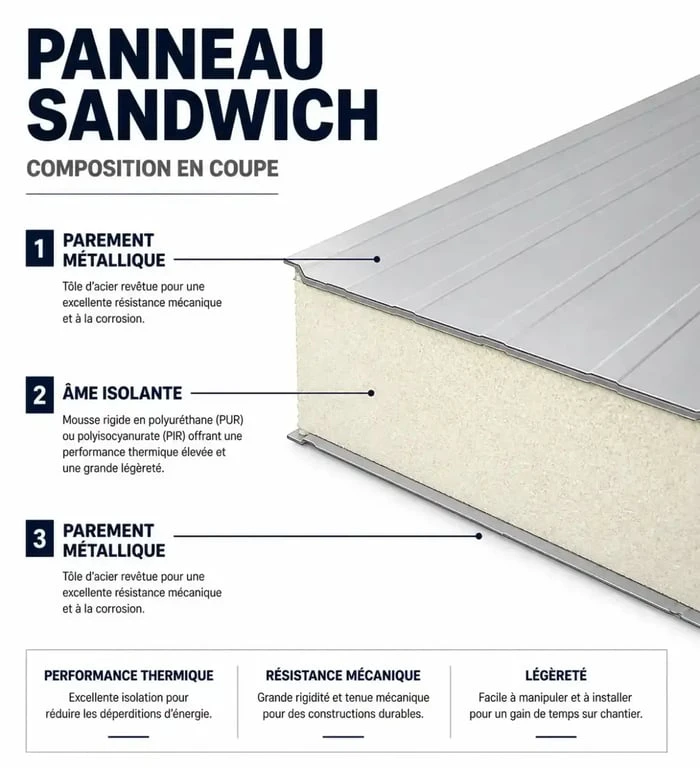 Schéma explicatif de la structure d'un panneau sandwich pour le calcul du prix au m2