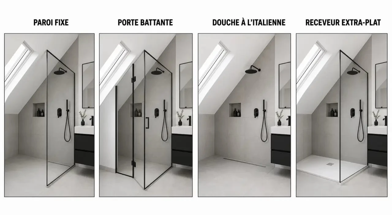Douche sous pente de toit : comparaison visuelle des quatre configurations possibles dans une salle de bain mansardée