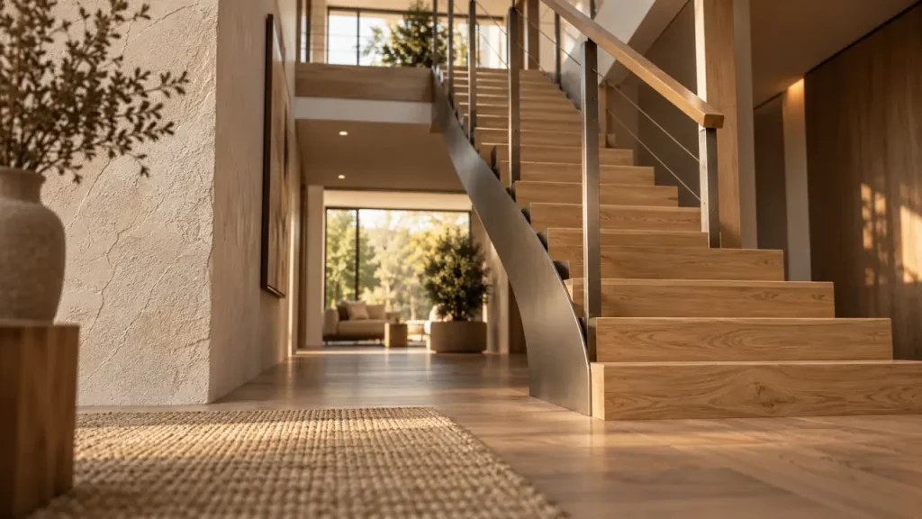 Escaliers sur mesure en bois : escalier en chêne clair sur mesure en intérieur contemporain