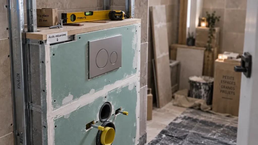 Habiller un wc suspendu : coffrage autour de la plaque de commande du WC suspendu