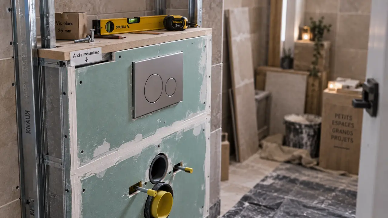 Habiller un wc suspendu : coffrage autour de la plaque de commande du WC suspendu