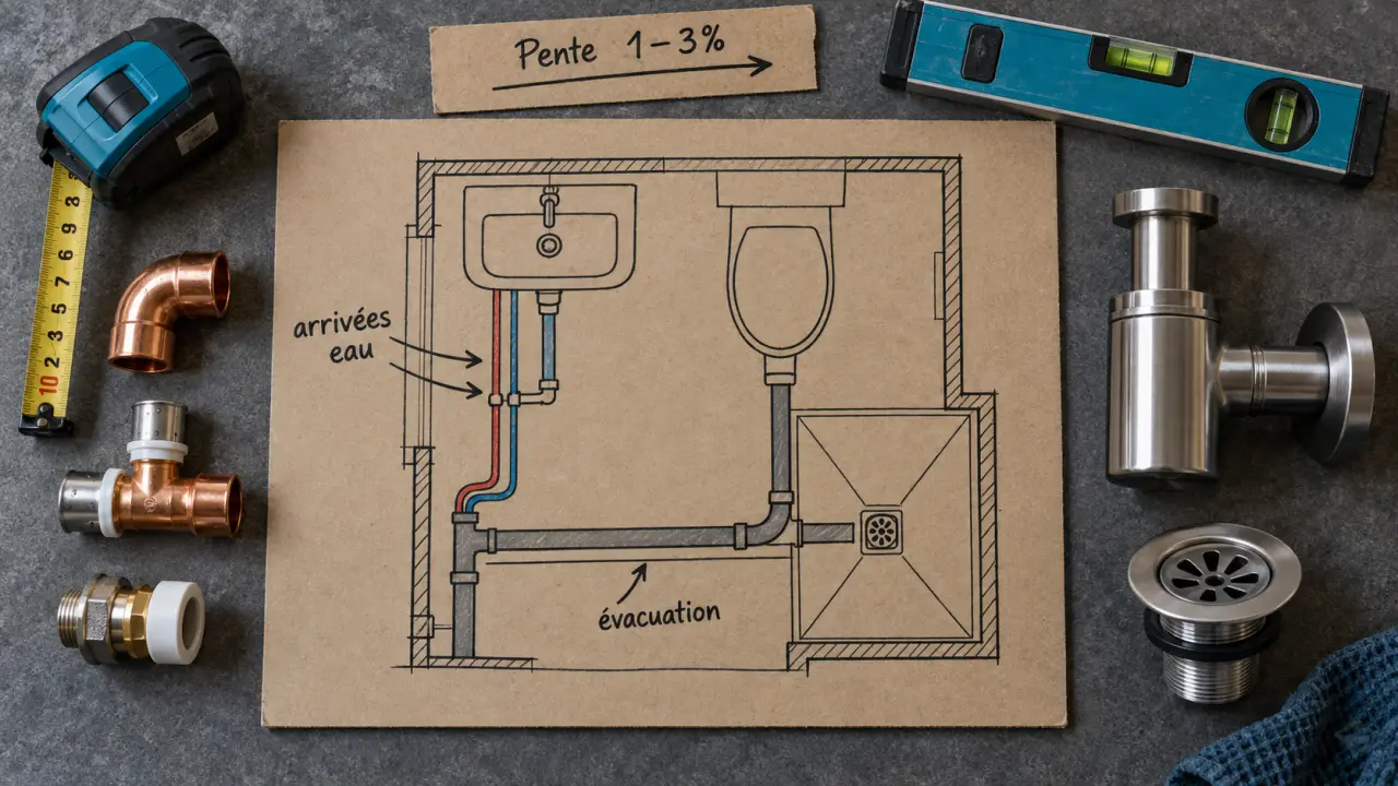 Plomberie pour salle de bain : pente 1–3% et diamètres des tuyaux