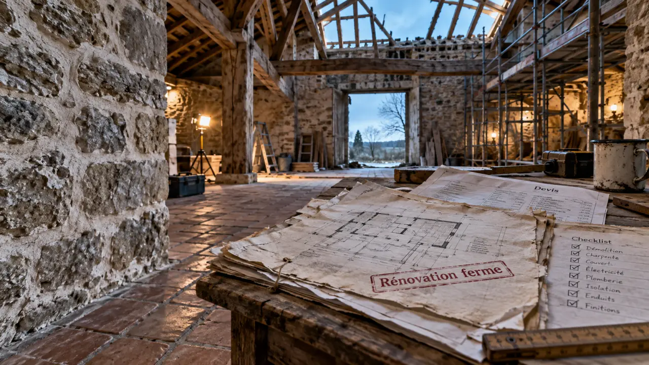 Renovation ferme ancienne, pierres et chaux, échafaudage, poutres apparentes