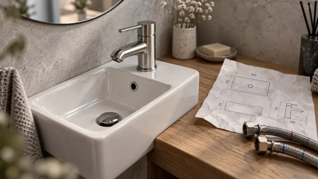 Robinetterie pour lave main compacte chrome, espace et arrivée d’eau
