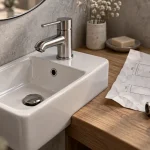 Robinetterie pour lave main compacte chrome, espace et arrivée d’eau