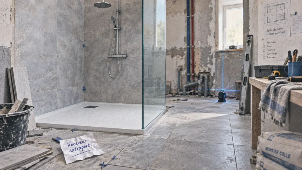 Transformer baignoire en douche : receveur extraplat antidérapant en rénovation de salle de bains