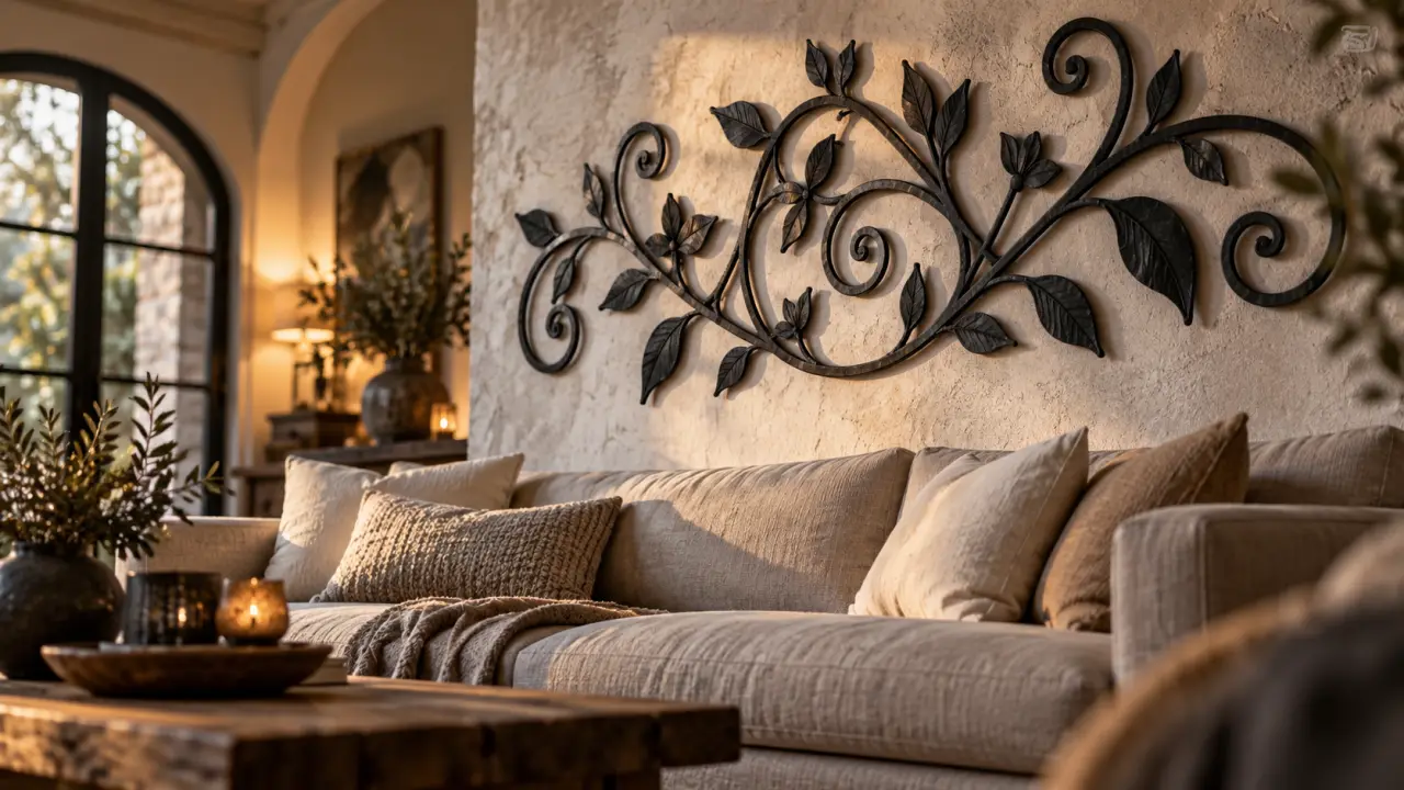 Décoration fer forgé intérieur : mur noir mat ajouré au-dessus du canapé