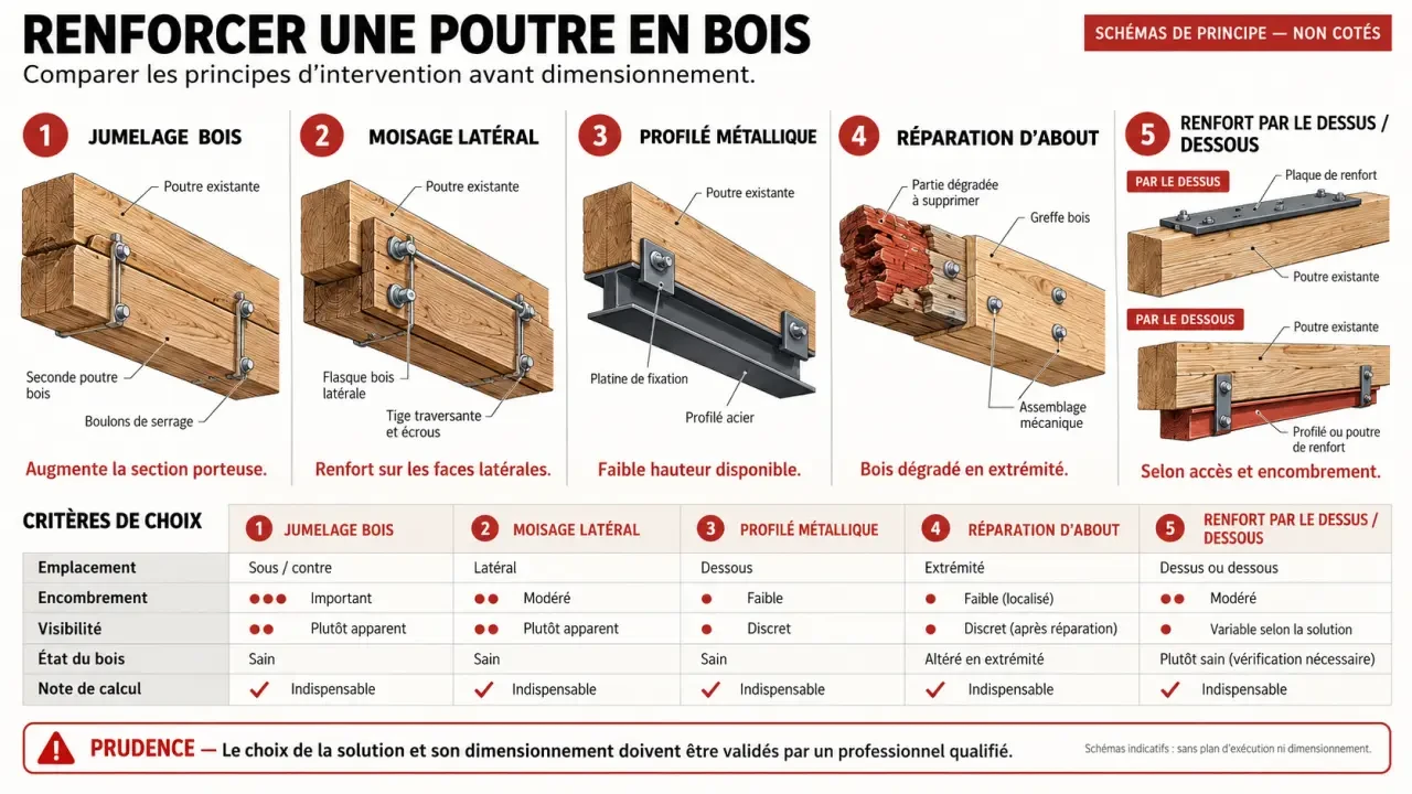 Comparaison des solutions de renfort poutre bois : jumelage, moisage, acier et réparation d’about
