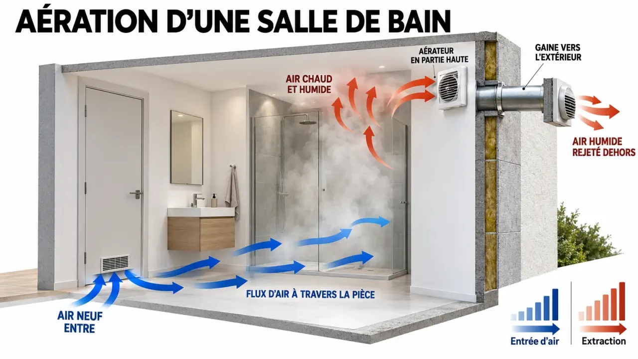 Schéma du fonctionnement d’un aérateur salle de bain avec entrée d’air et évacuation de l’humidité