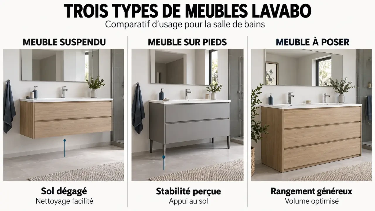 Meubles lavabo salle de bains suspendu, sur pieds et à poser comparés visuellement