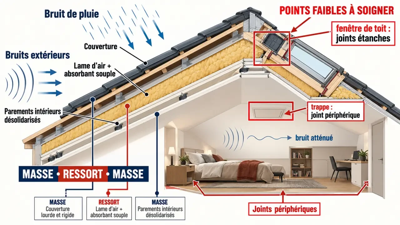 Schéma explicatif de l’isolation phonique de la toiture et du système masse-ressort-masse