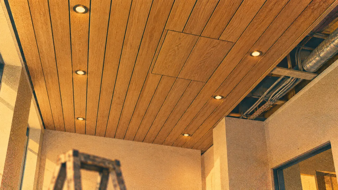 Faux plafond en bois avec lames chêne et spots encastrés