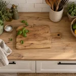Home staging cuisine, plan de travail moderne et crédence métro blanche, vue du dessus
