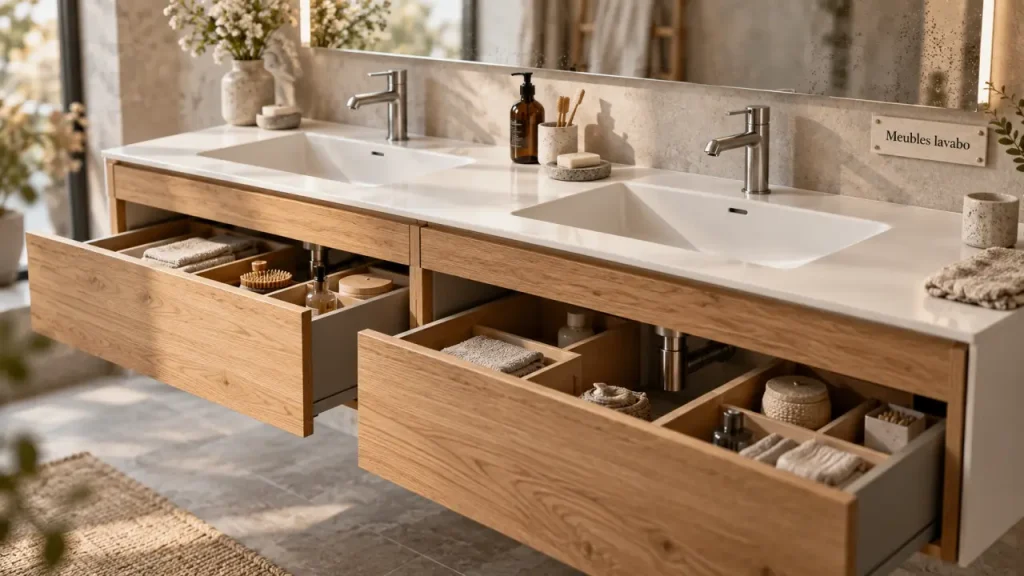 Meubles lavabo salle de bains : meuble double vasque suspendu, tiroirs et rangement