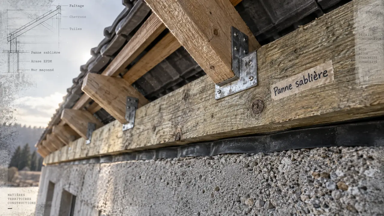 panne sabliere en bois sur mur, bande d’arase EPDM, chevrons alignés
